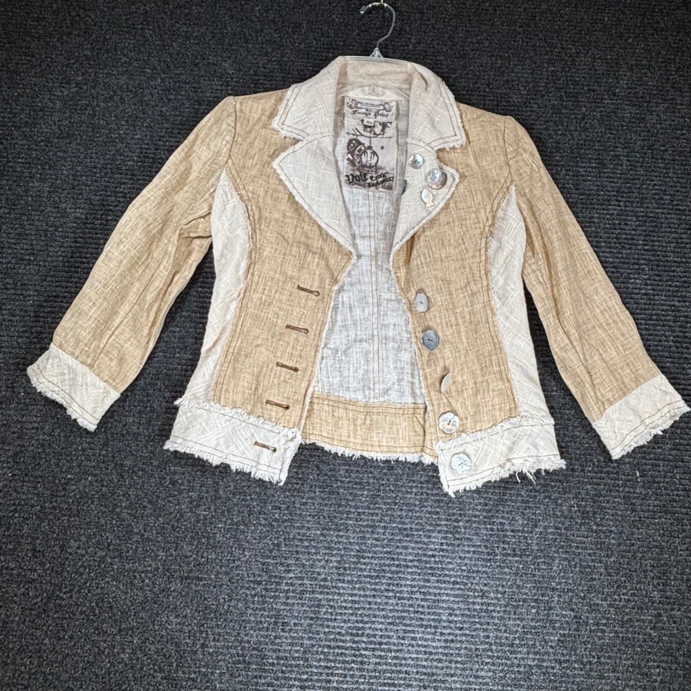 Foreign Policy Exotic Diplomacy Linen Blazer Tan Cream Frayed Boho Jacket XS
